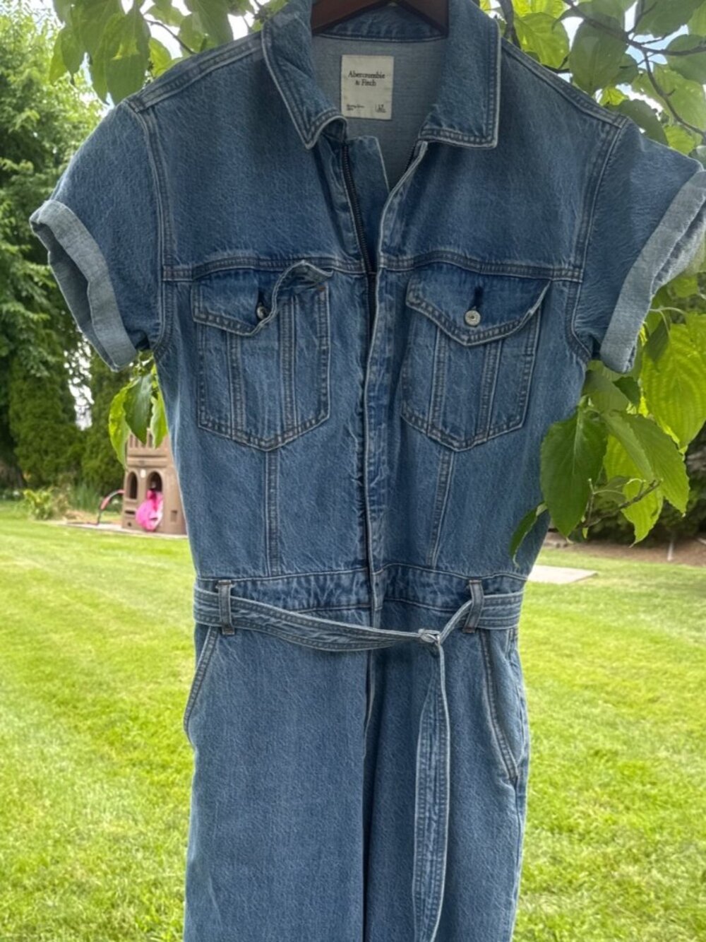 Abercrombie&Fitch Denim Jumpsuit Large Tall Belted Short Sleeve Utility Wide Leg
